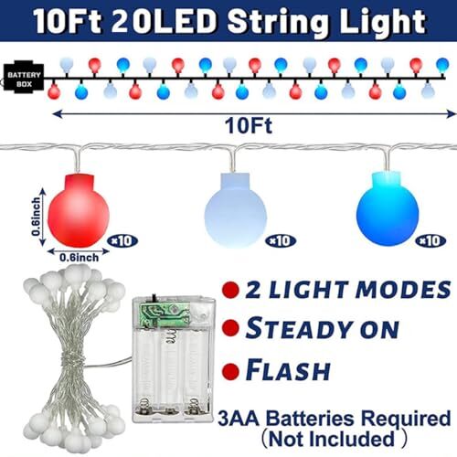 4th of July Lights Decorations,10FT 20 LEDs Red White and Blue Globe-20 LEDs - Picture 3 of 6