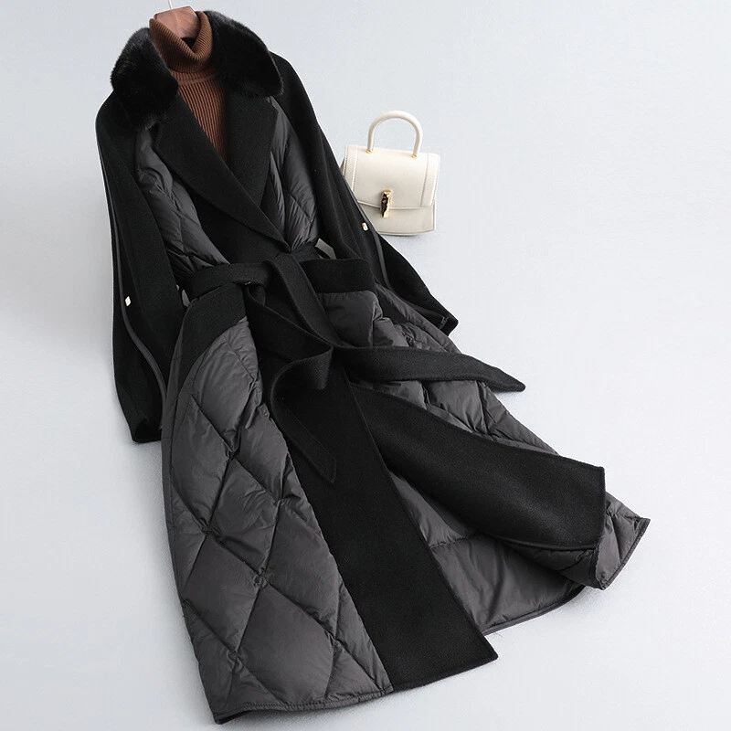 Abrigo de invierno 2024 cuello de piel de visón cachemir chaqueta larga plumón de ganso abrigo de lana Foto 4 de 4