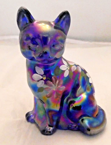 Fenton Art Glass Iridescent Cobalt Carnival Glass Sitting Cat Figurine - Signed
