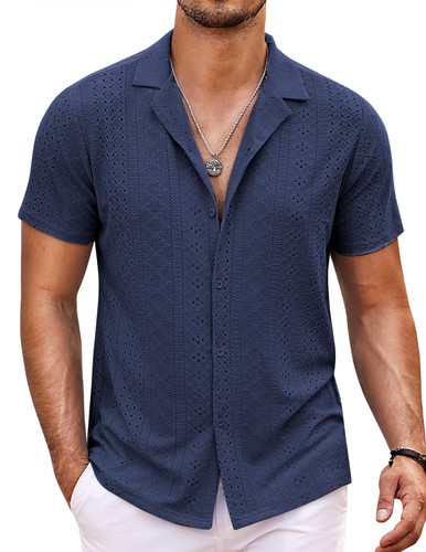 Mens Beach Shirt Short Sleeve Button Down Shirts Casual Cuban Collared Summer...
