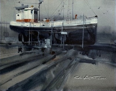 Vintage DRY DOCKED SHIP Painting by CaLiFoRnia - Seattle Artist RITCHIE BENSON