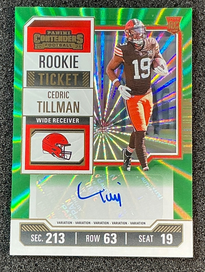 2023 Contenders Cedric Tillman Green Laser Rookie Ticket Auto Variation #104