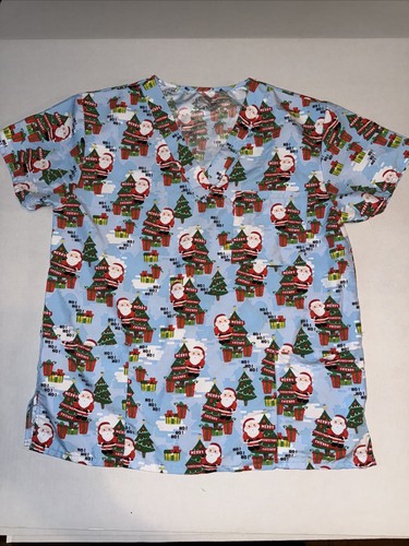 I Love Scrubs Uniform Scrub Top Shirt CHRISTMAS CHEER Christmas Tree Large Santa - Picture 1 of 9