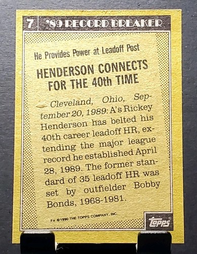 1990 Topps #7 Rickey Henderson A's HOF 89 RECORD BREAKER baseball card⚾️NM/MT - Picture 2 of 2