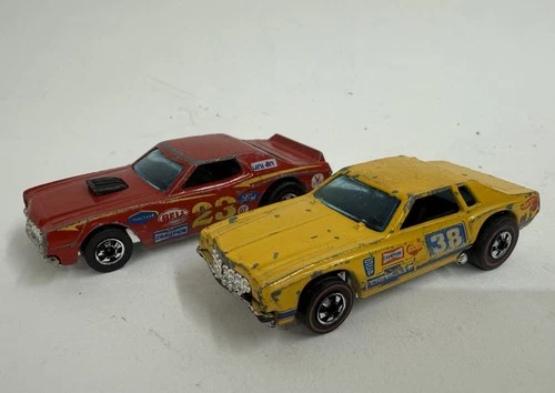 2 Vtg 1974 Hot Wheels Redlines & BW Die Cast Stocker Cars Chevy MC Ford Torino