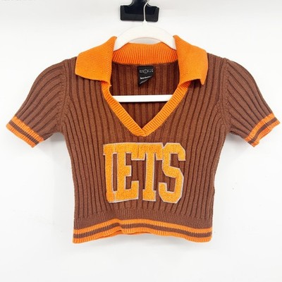 Iets Frans Womens Preppy Ribbed Varsity Collar Short Sleeve Crop Top Size S