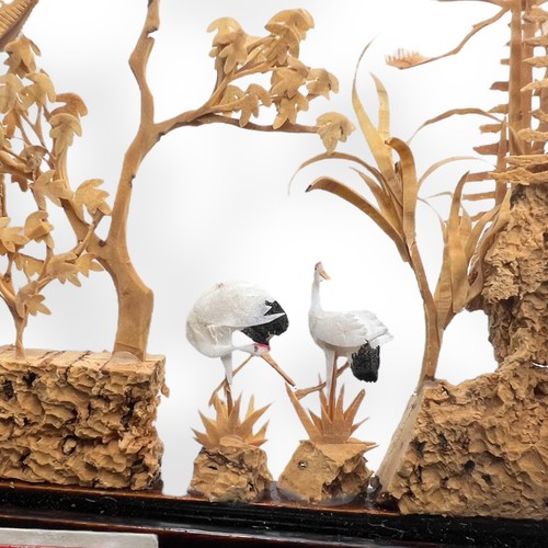 Vintage San You Asian Tri-Fold Three Panel Cork Art Diorama with Storks - Picture 2 of 10