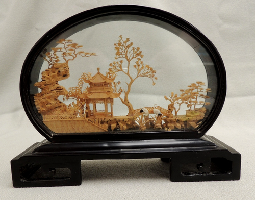 Vintage Oval Chinese Cork Diorama w/ Pagoda, Cranes, Trees 8” x 6” Flaws - Picture 1 of 16