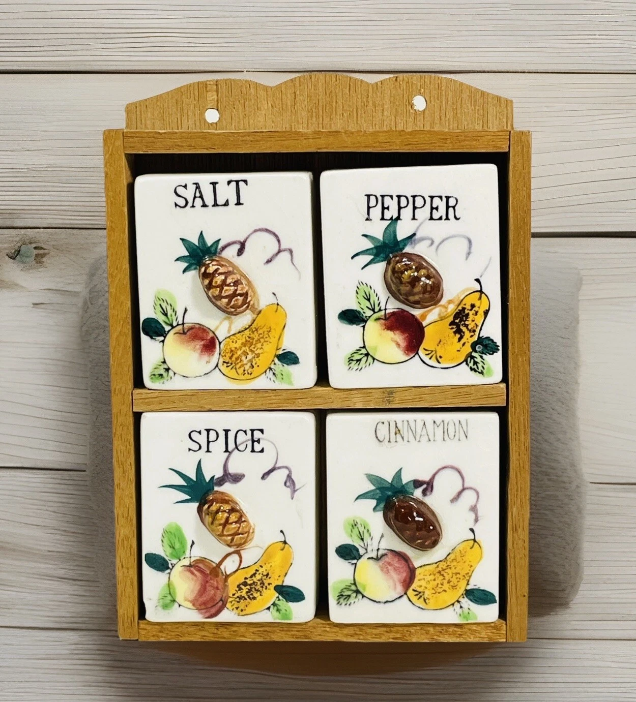 Vintage 4 Glazed Ceramic Spice Jar Shaker Set Wall Hanging Wood Rack Fruit 1950s