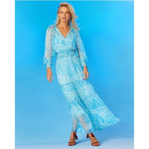 Nicoblu Emillie Maxi Crinkle Chiffon Dress Turquoise Paisley Sheer Boho Blue 8