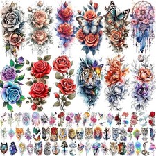 69 Sheets Watercolor 3D Rose Flowers Temporary Tattoos For Women Girls Adults, R