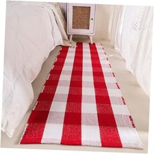Cotton Plaid Runner Rug 2' x 6' Red and White Checkered Hand-Woven Indoor
