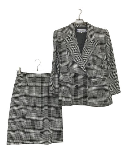 Ensemble costume jupe femme Yves Saint Laurent laine nylon vente en gros motif carreaux taille S gris