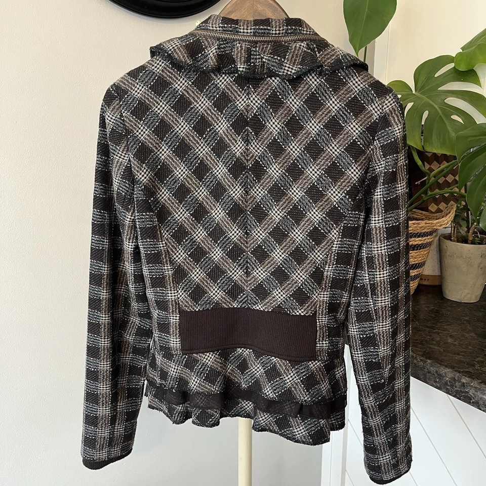 Vtg Alberto Makali Jacket Wmns 6 Brown Plaid Blazer Zipper Collar Ruffle Hem USA - Image 4 of 4
