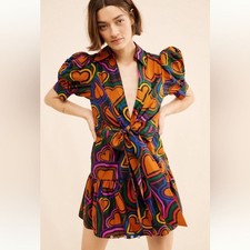 Farm Rio Short-Sleeve Bow-Front Mini Dress Sz Large