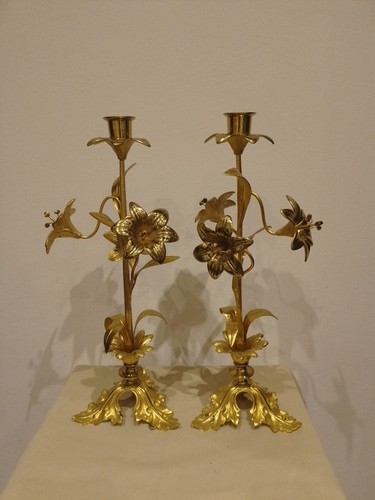 Paire Bougeoirs/fleur De Lys/cuivre Et Bronze/h.36cm/autel/eglise/messe/royale - Picture 1 of 7