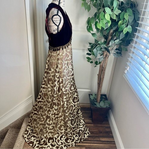 Vestido Formal Vintage Años 80/90 Terciopelo y Encaje Metálico Borgoña Dorado Talla M - Imagen 7 de 16