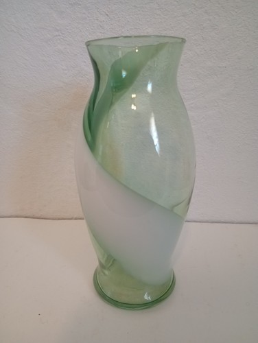 Hand Blown Fused Art Glass Bud Vase Green with White Swirl 6"