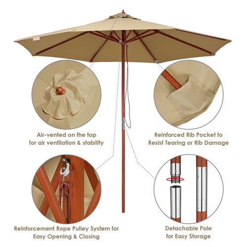 Yescom 9FT Wooden Patio Umbrella UV30+ for Table Market Yard Beach Cafe Tan - Picture 4 of 9