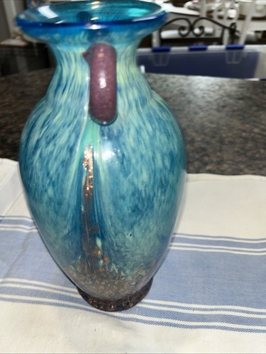 TIFFANY  DALE Turquoise Blue Copper Flecks Art Glass Vase Home Decor 10" Nice - Picture 5 of 6