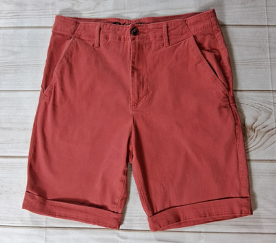 Plugg Mens Chino Shorts Size 31 Brick Red Cuffed Flat Front Stretch Casual