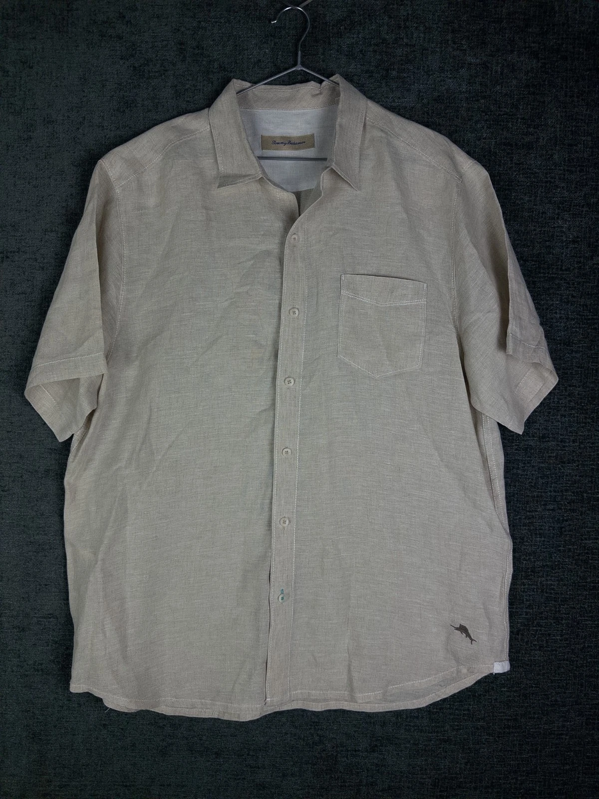 Tommy Bahama Linen Shirt Mens L Tan Hawaiian Vacations Resort Short Sleeve