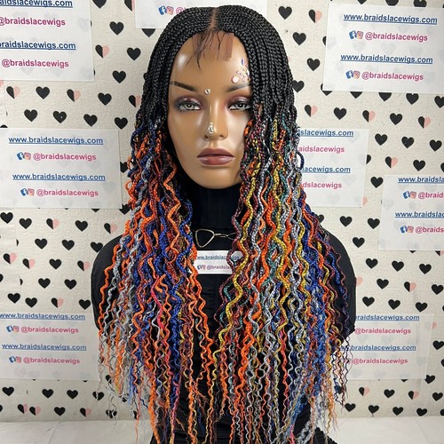 Lace Closure Top Cornrow Wavy Curls Rainbow Box Braids Braided Curly Wig Multi - Picture 3 of 10