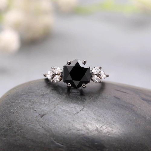 Natural Black Spinel Hexagon Ring 925 Sterling Silver Black Oxidized Jewelry - Picture 11 of 24