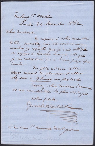 Charles Dickens English Author/Autograph Letter Lettre As 1862