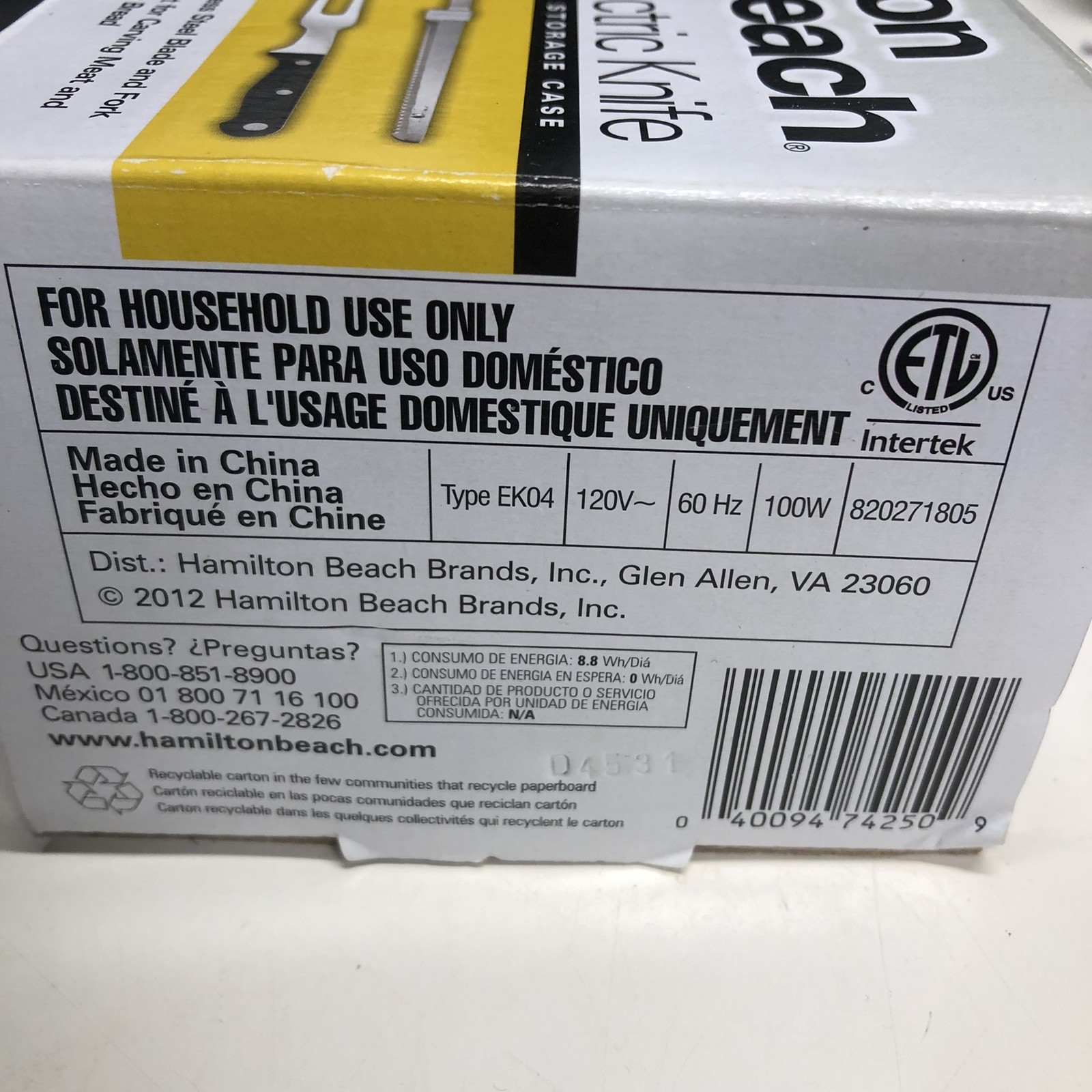 Hamilton Beach Electric Knife w Storage Case Stainless Steel Fork & Blade 74250R