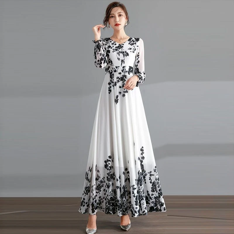 white christmas dresses White V Neck Ruffles Edwardian Revival Chiffon Dress, White / L main image 0