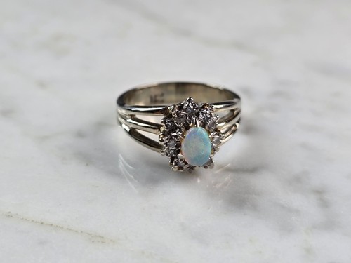 Womens Vintage Estate 14k White Gold Opal & Diamond Ring 4.5g E4250 - Picture 5 of 6