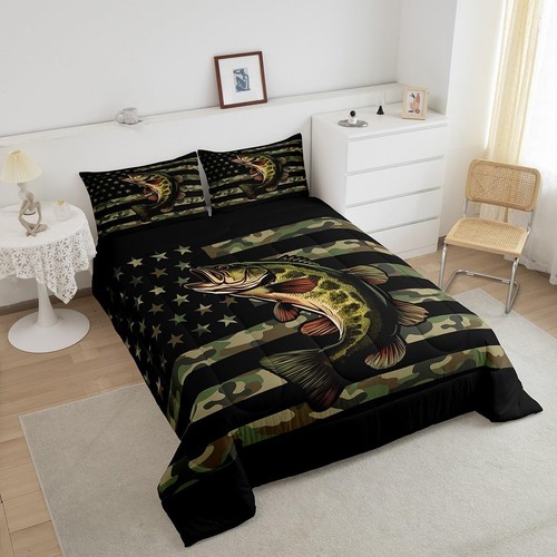 Bass Fish Pattern Comforter Set Queen Size Camouflage Bedding Set for Boys Gi... - Picture 3 of 6