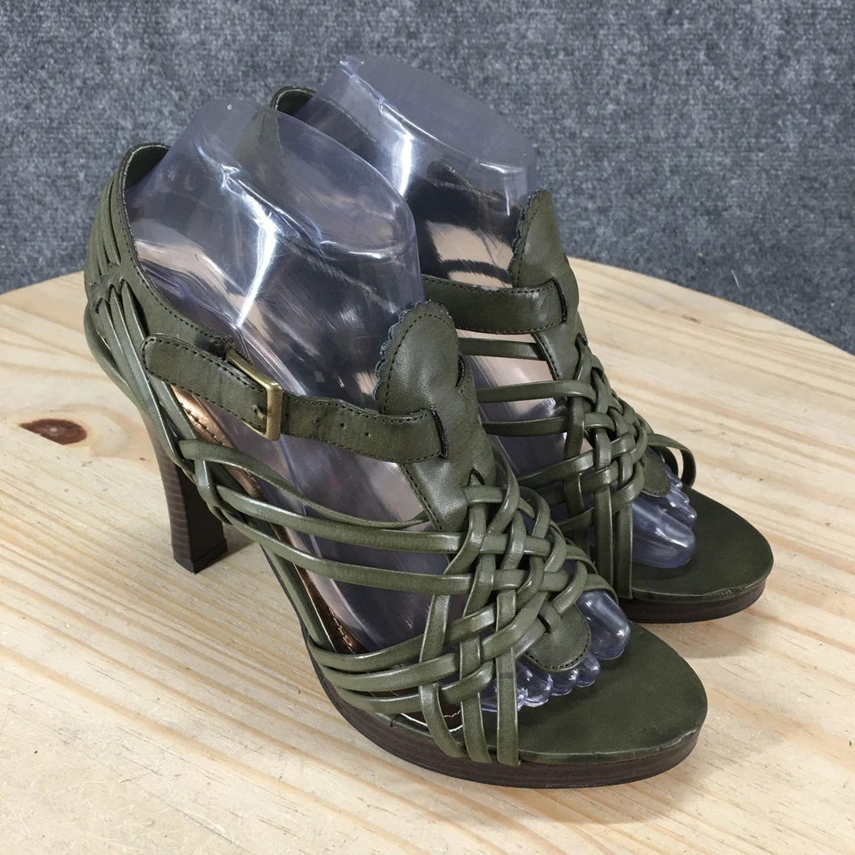 Tacones para casa de muñecas para mujer 8,5 tiras verdes tejidos informales punta abierta hebilla aguja Foto 3 de 4