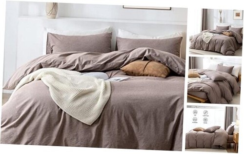 Duvet Cover Set- 100% Washed Cotton 3 Pcs Soft Comfy King Mauve Brown