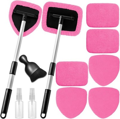 Car Windshield Cleaner Kit with Microfiber Pads Extendable Handles and Glass
