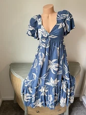Angie Boho Dress S Blue Floral Tiered Flutter Knot Beachy Romantic Rayon Smocked