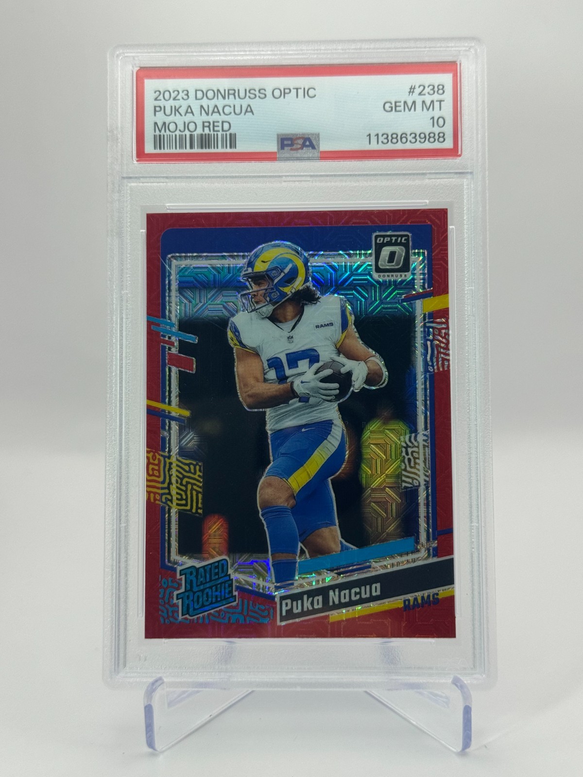 2023 Donruss Optic Puka Nacua Rated Rookie Red Mojo Prizm PSA 10 LA Rams #238 SP