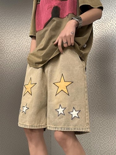 Yellow mud denim shorts old five-point pants straight casual star pants - Picture 16 of 19