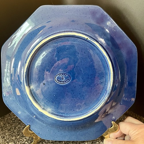 VTG Terre E Provence Blue Octagon Beaded Dinner Plate - Made In France - Picture 4 of 4