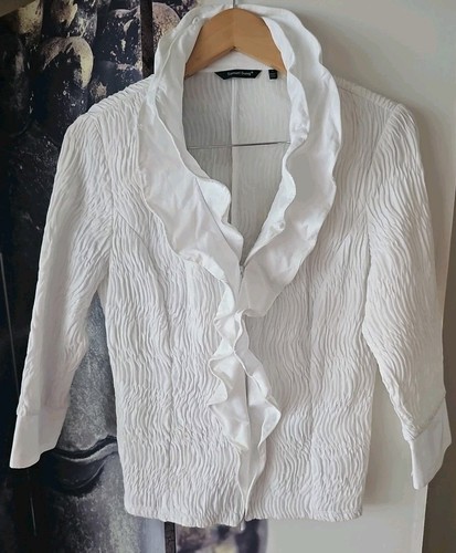 SAMUEL DONG Victorian Ruffle Trim Texured White Zipper Blouse 3/4 Sleeve Cuff L - Picture 9 of 9