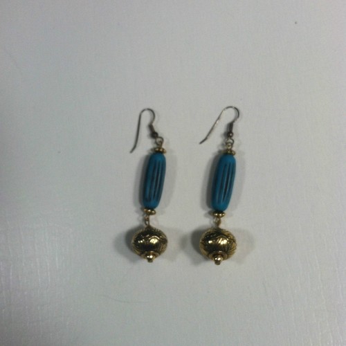 Vintage Gold Tone Dangle Earrings with Blue & Gold Drops - Picture 6 of 7
