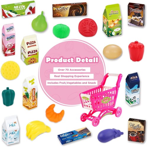 deAO Kids Shopping Cart with Food Shopping Trolley Basket for Toy Shop Kitchen 6 - Picture 3 of 4