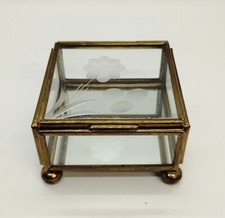 Vintage Footed Brass Metal Glass Etched Floral Design Trinket Jewelry Box Mirror