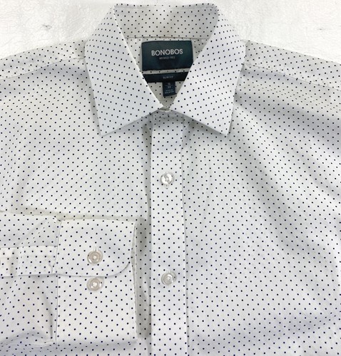 Bonobos Herren SLIM FIT faltenfrei Baumwolle weiß blau gepunktet Anzughemd 16/33