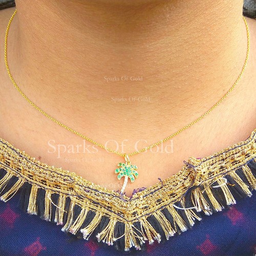 Natural Emerald Diamond Palm Tree Necklace 14K Yellow Gold Jewelry Gift for Her - Picture 7 of 9