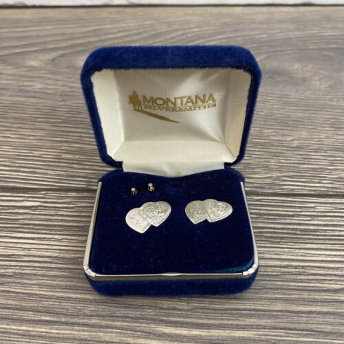 Vintage Montana Silversmiths Silver Double Heart Earrings Studs Western Cowgirl - Picture 2 of 4