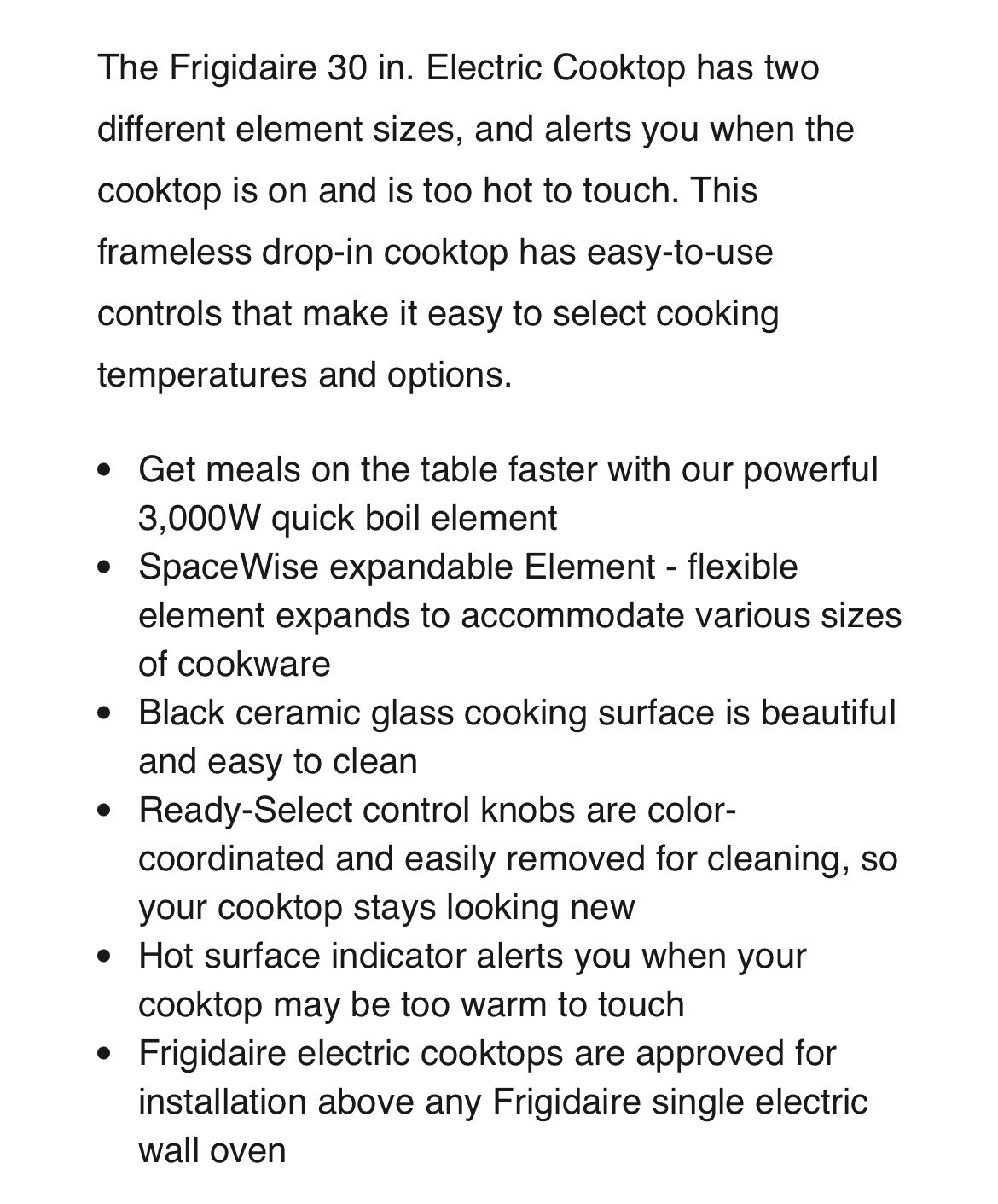 Frigidaire FFEC3025UB 30 inch Electric Smoothtop Cooktop Black