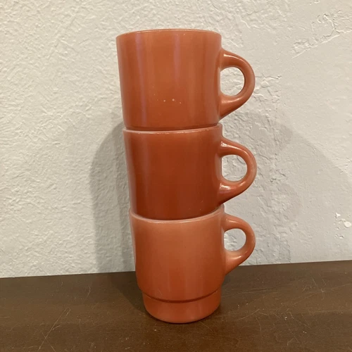 VTG Anchor Hocking FIRE KING Rose Red Stackable Milk Glass Cups Mugs USA Set 3
