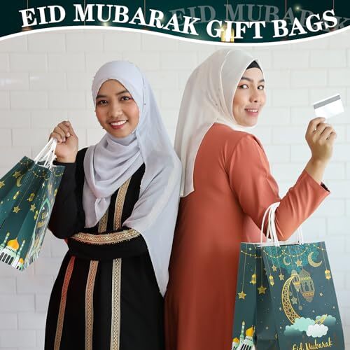 24 Pcs Eid Mubarak Gift Bags with Tissue Paper Ramadan Goodies Bags Happy Green - Picture 7 of 7